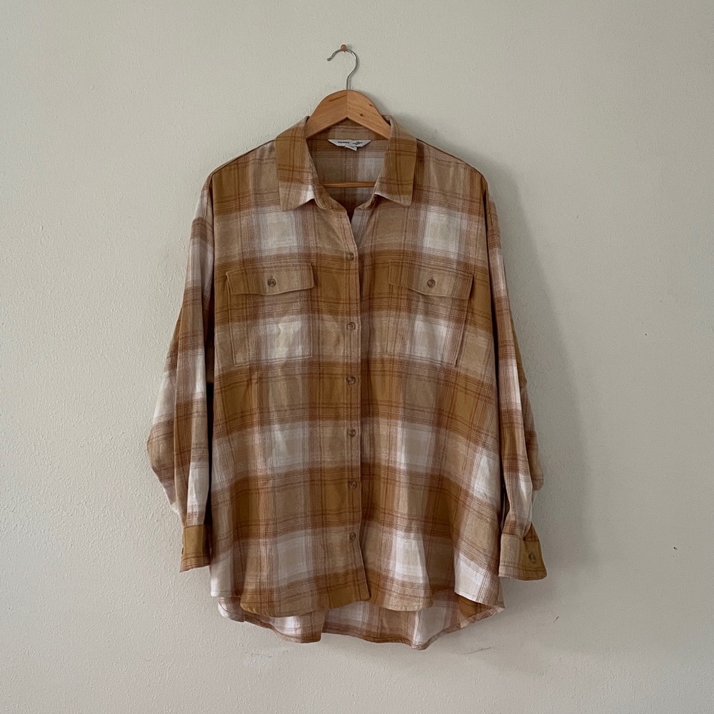 Old Navy Boyfriend Shirt Cream Tan Plaid Flannel Shirt XXL